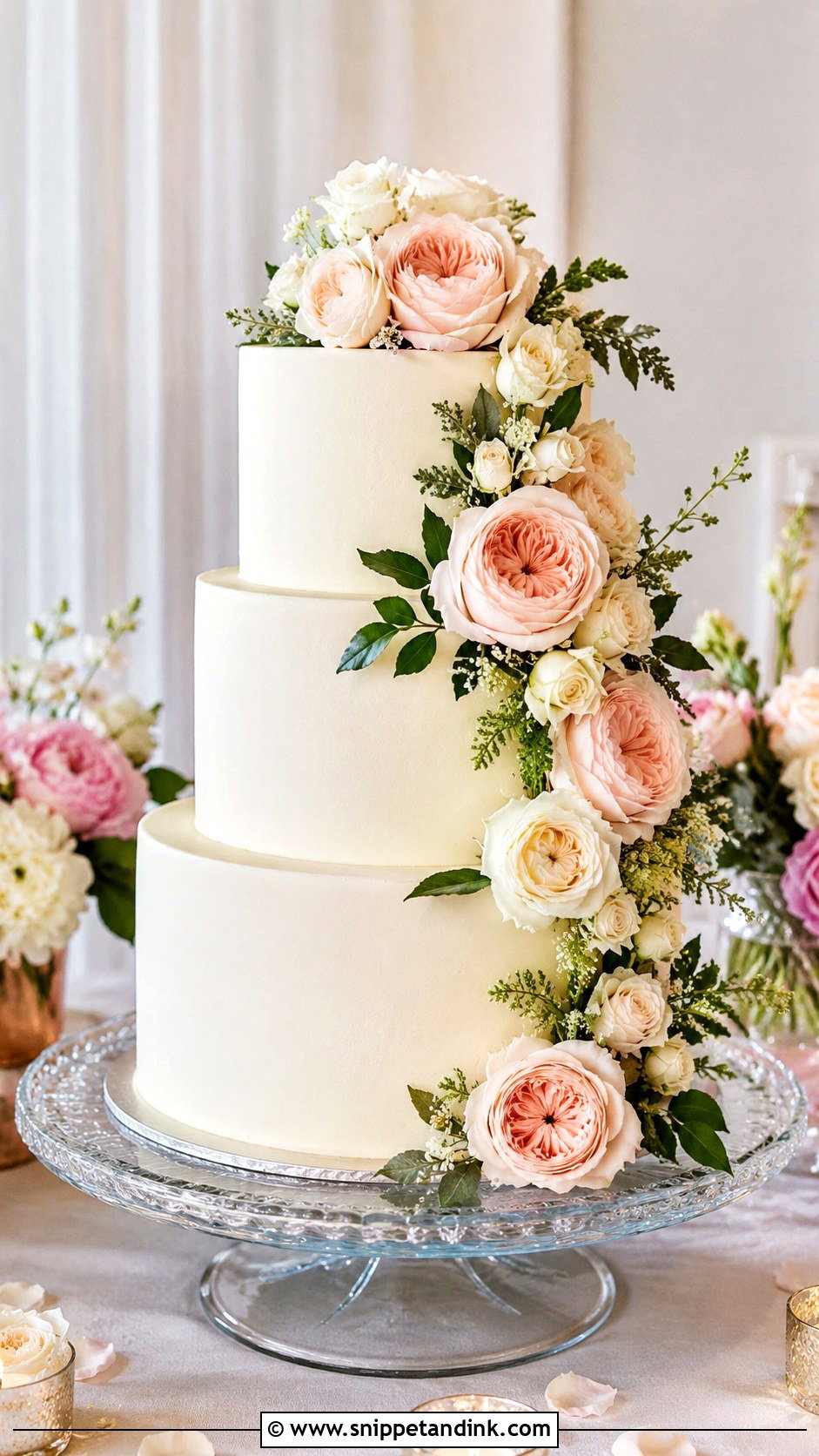 Three Tier Floral Wedding Cake With Roses - Snippet and Ink - 20 Three Tier Floral Wedding Cake Ideas