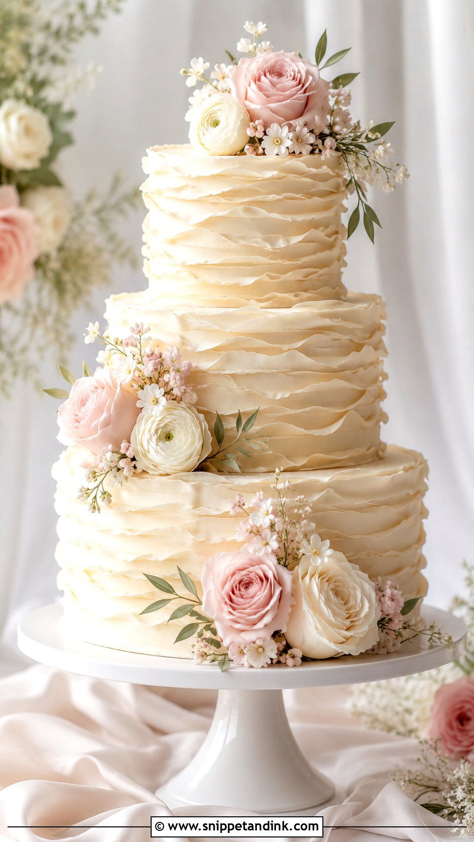 Three Tier Floral Wedding Cake With Ruffles - Snippet and Ink - 20 Three Tier Floral Wedding Cake Ideas