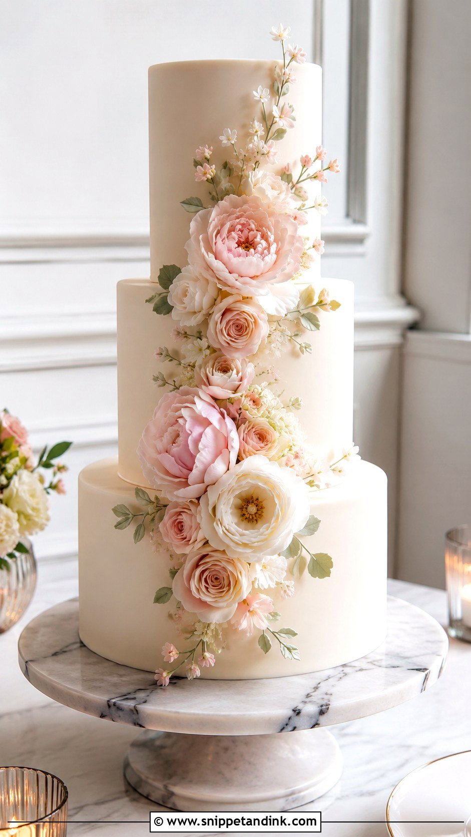 Three Tier Floral Wedding Cake With Sugar Flowers - Snippet and Ink - 20 Three Tier Floral Wedding Cake Ideas