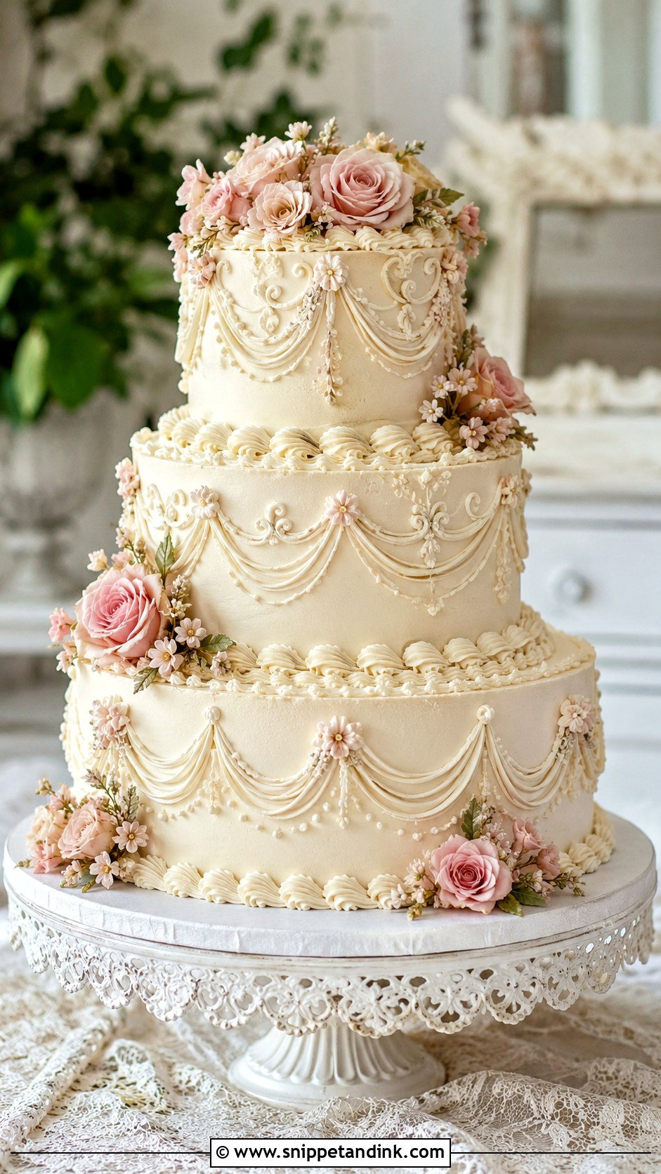 Three Tier Floral Wedding Cake With Vintage Piping - Snippet and Ink - 20 Three Tier Floral Wedding Cake Ideas