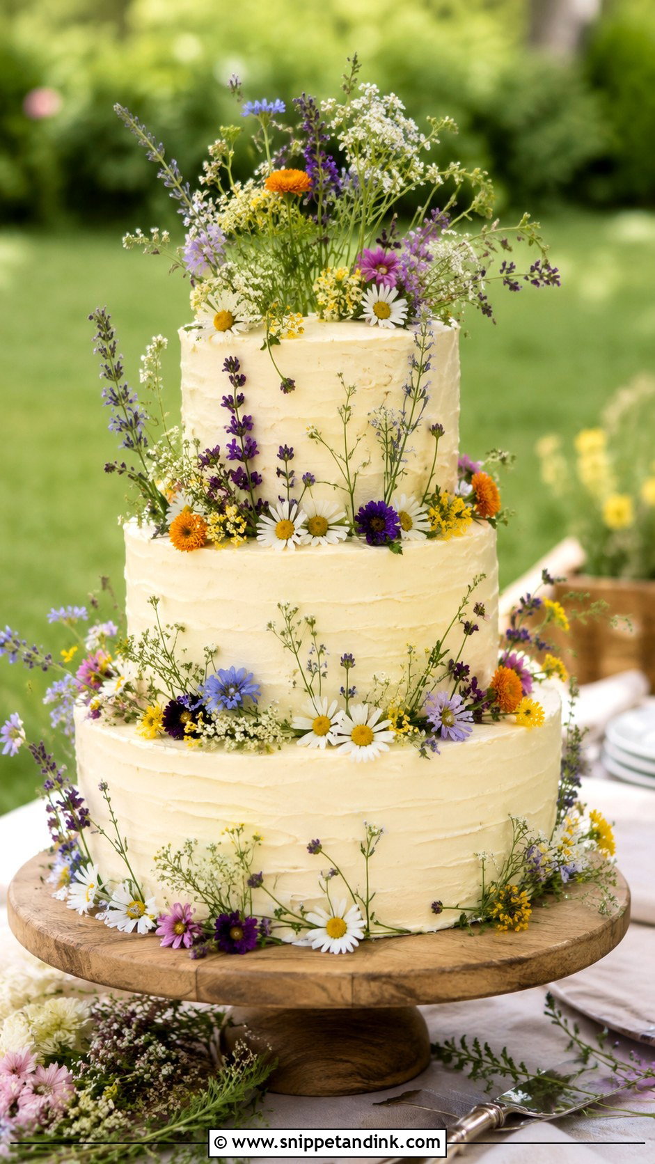 Three Tier Floral Wedding Cake With Wildflowers - Snippet and Ink - 20 Three Tier Floral Wedding Cake Ideas