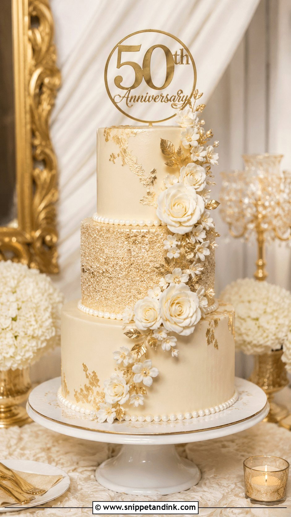 Three Tier Gold 50th Anniversary Cake - Snippet and Ink - 20 Gold 50th Wedding Anniversary Cakes