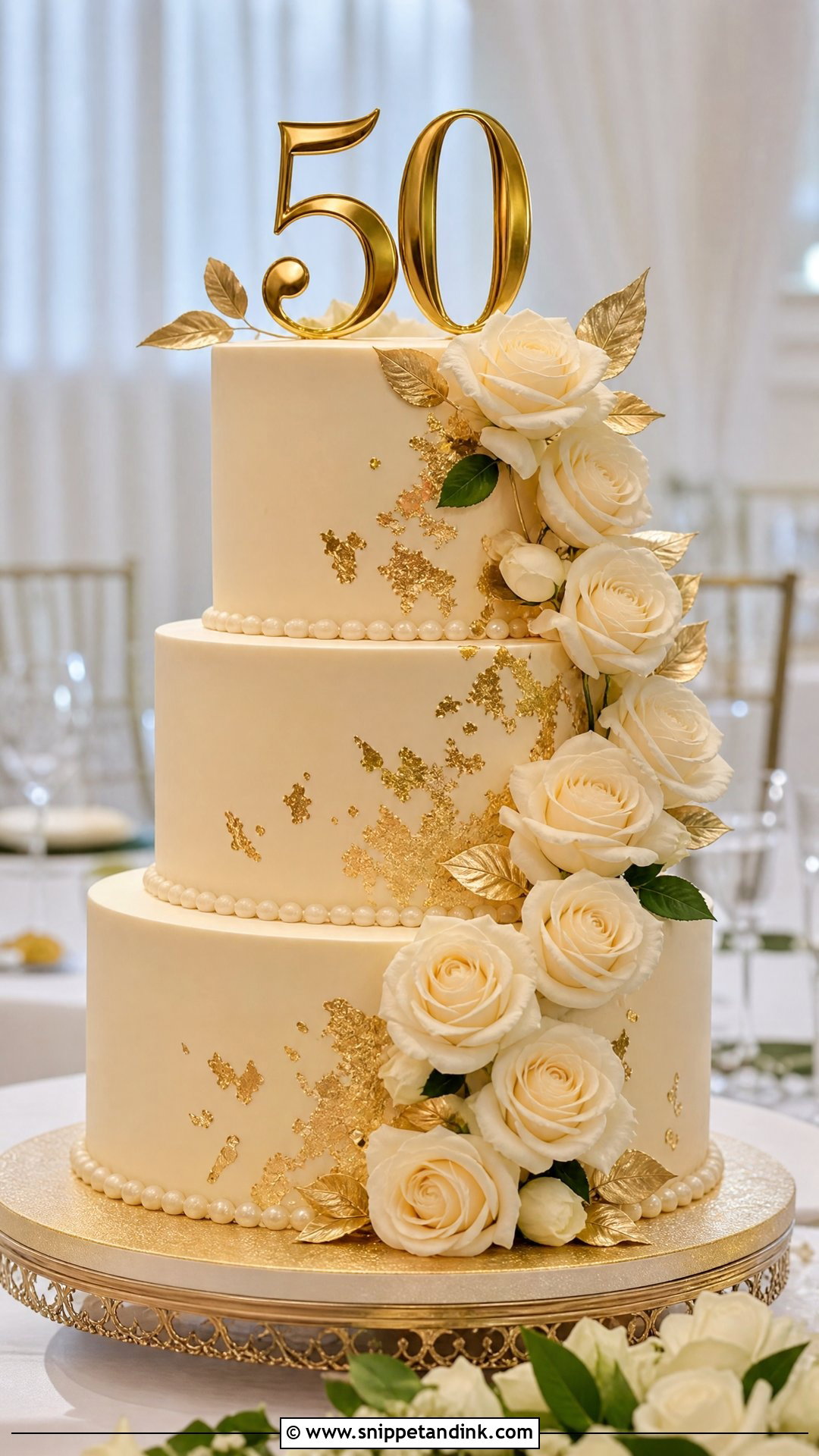 Three Tier Gold Wedding Anniversary Cake - Snippet and Ink - 25 Golden Wedding Anniversary Cake Ideas
