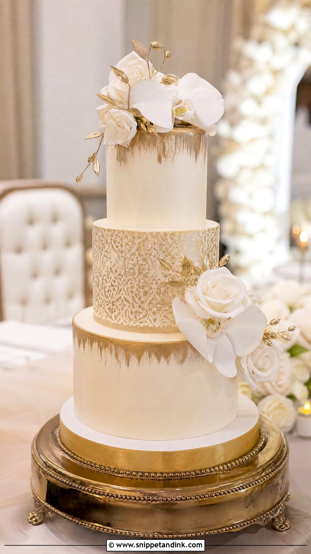 Three Tier Gold Wedding Cake - Snippet and Ink - 20 Three Tier Wedding Cake Ideas