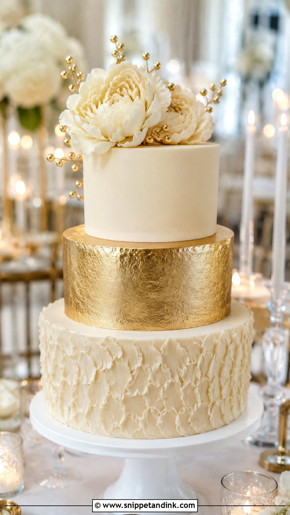Three Tier Gold Wedding Cake - Snippet and Ink - 20 Cake Ideas with Gold for Wedding