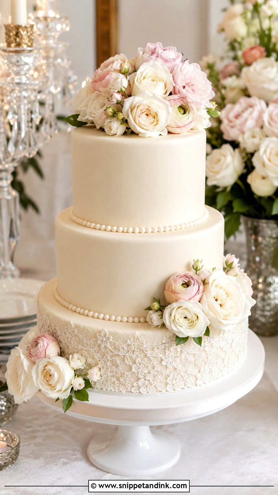 Three Tier Lace Wedding Cake With Flowers - Snippet and Ink - 25 Lace Wedding Cake Ideas with Flowers