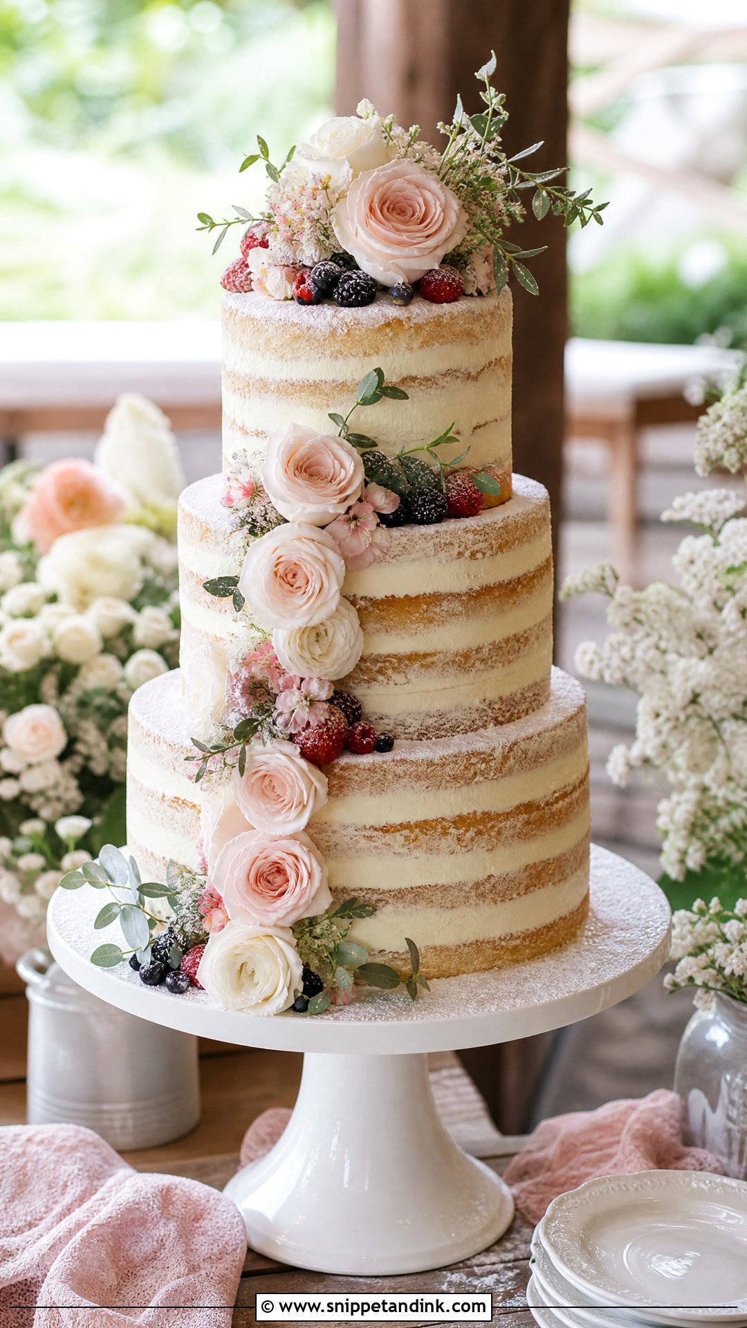 Three Tier Naked Wedding Cake - Snippet and Ink - 20 Naked Wedding Cake Ideas