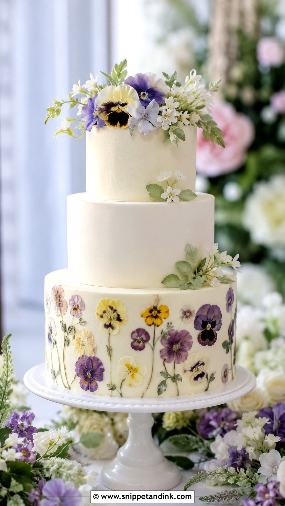 Three Tier Pansy Wedding Cake - Snippet and Ink - 20 Pansy Wedding Cake Ideas