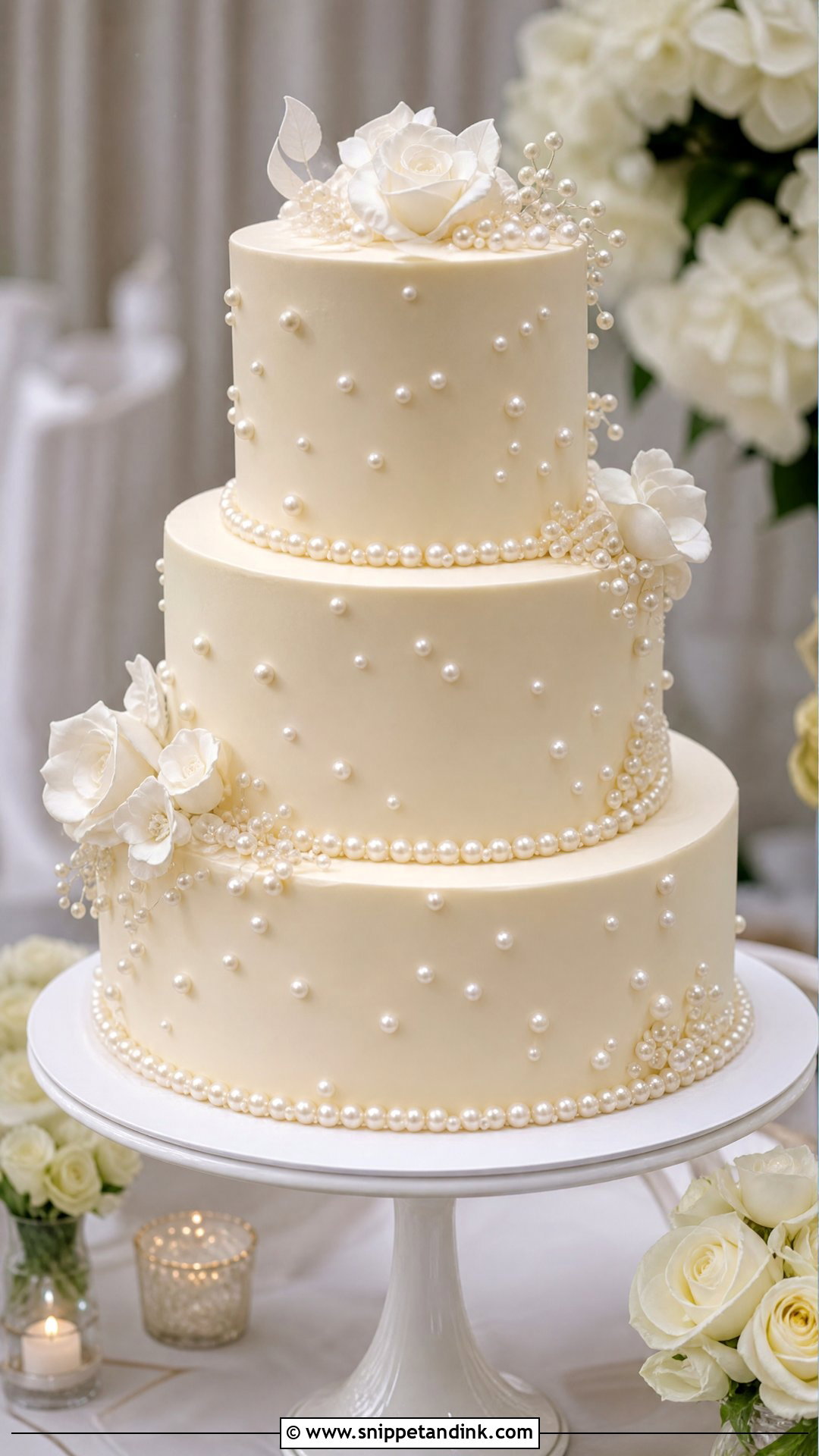 Three Tier Pearl Wedding Cake - Snippet and Ink - 20 Three Tier Wedding Cake Ideas