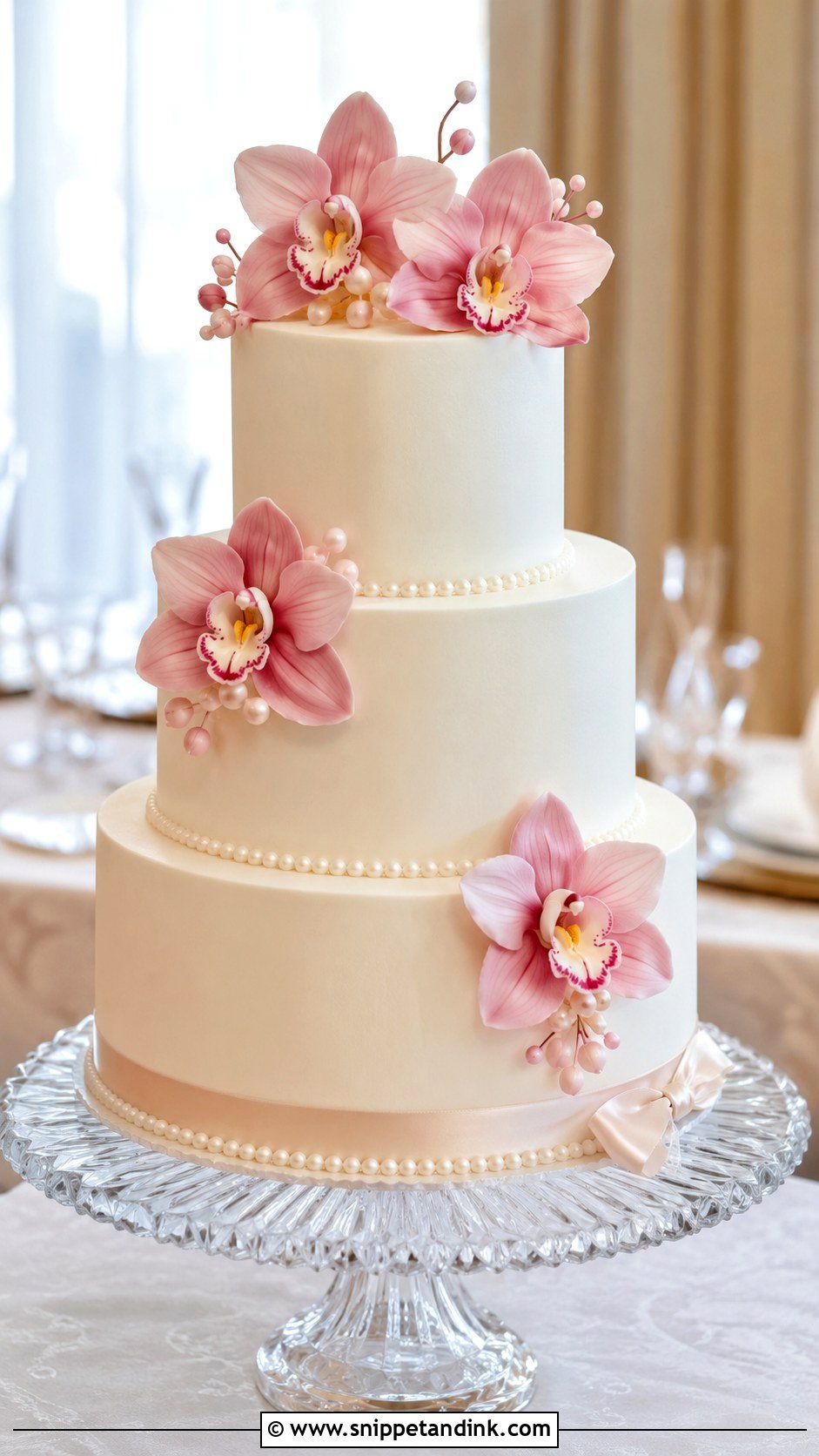Three Tier Pink Orchid Wedding Cake - Snippet and Ink - 35 Pink Orchid Wedding Cake Ideas