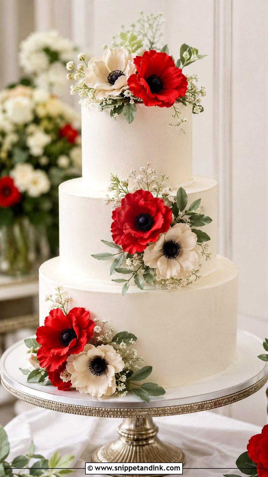 Three Tier Poppy Wedding Cake - Snippet and Ink - 25 Wedding Cake Ideas with Poppies