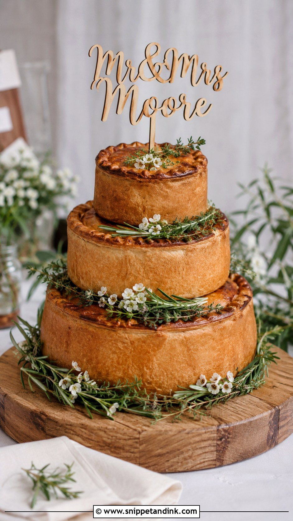 Three Tier Pork Pie Wedding Cake - Snippet and Ink - 20 Pork Pie Wedding Cake Ideas