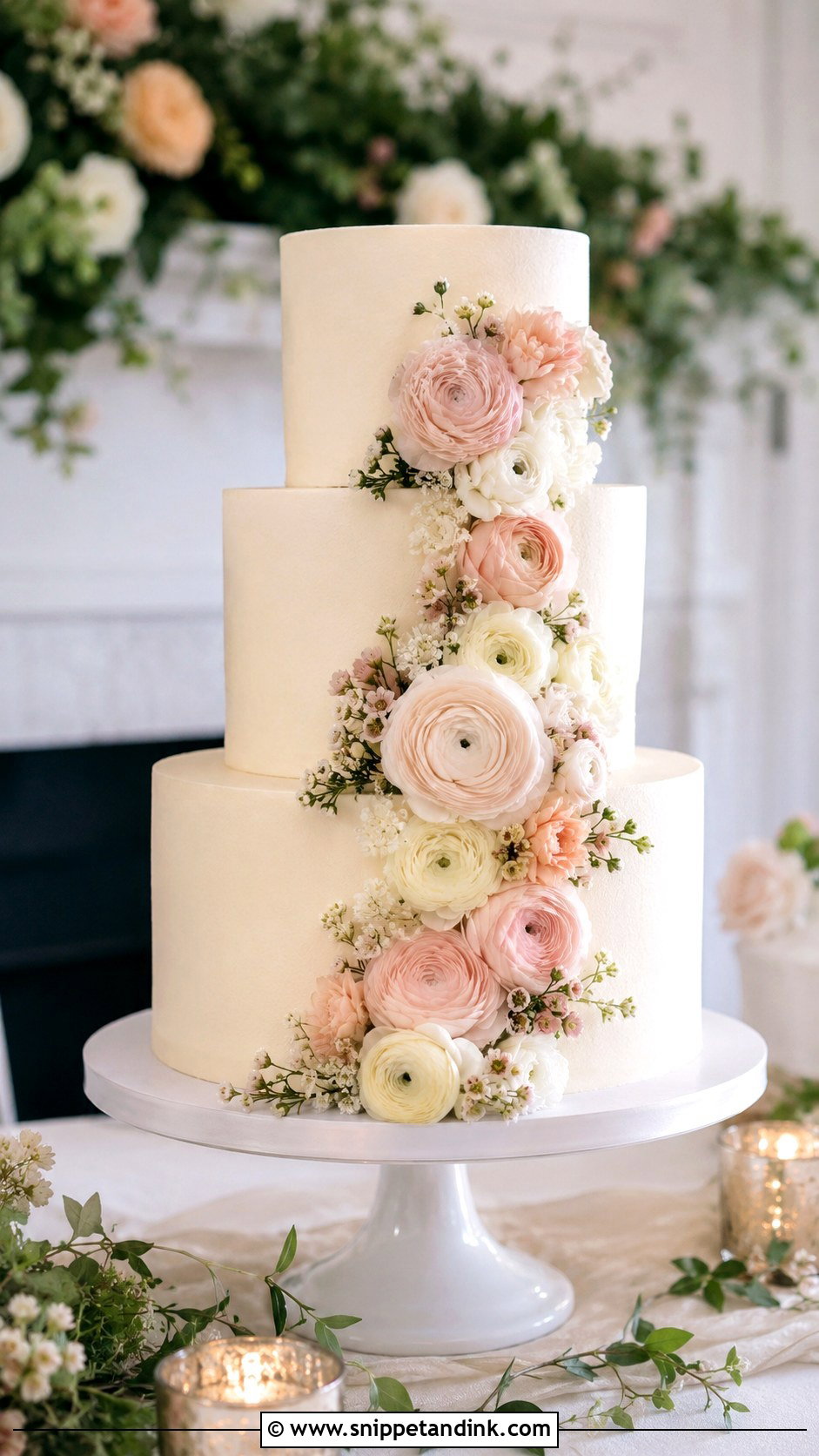 Three Tier Ranunculus Wedding Cake - Snippet and Ink - 25 Wedding Cake Ideas with Ranunculus