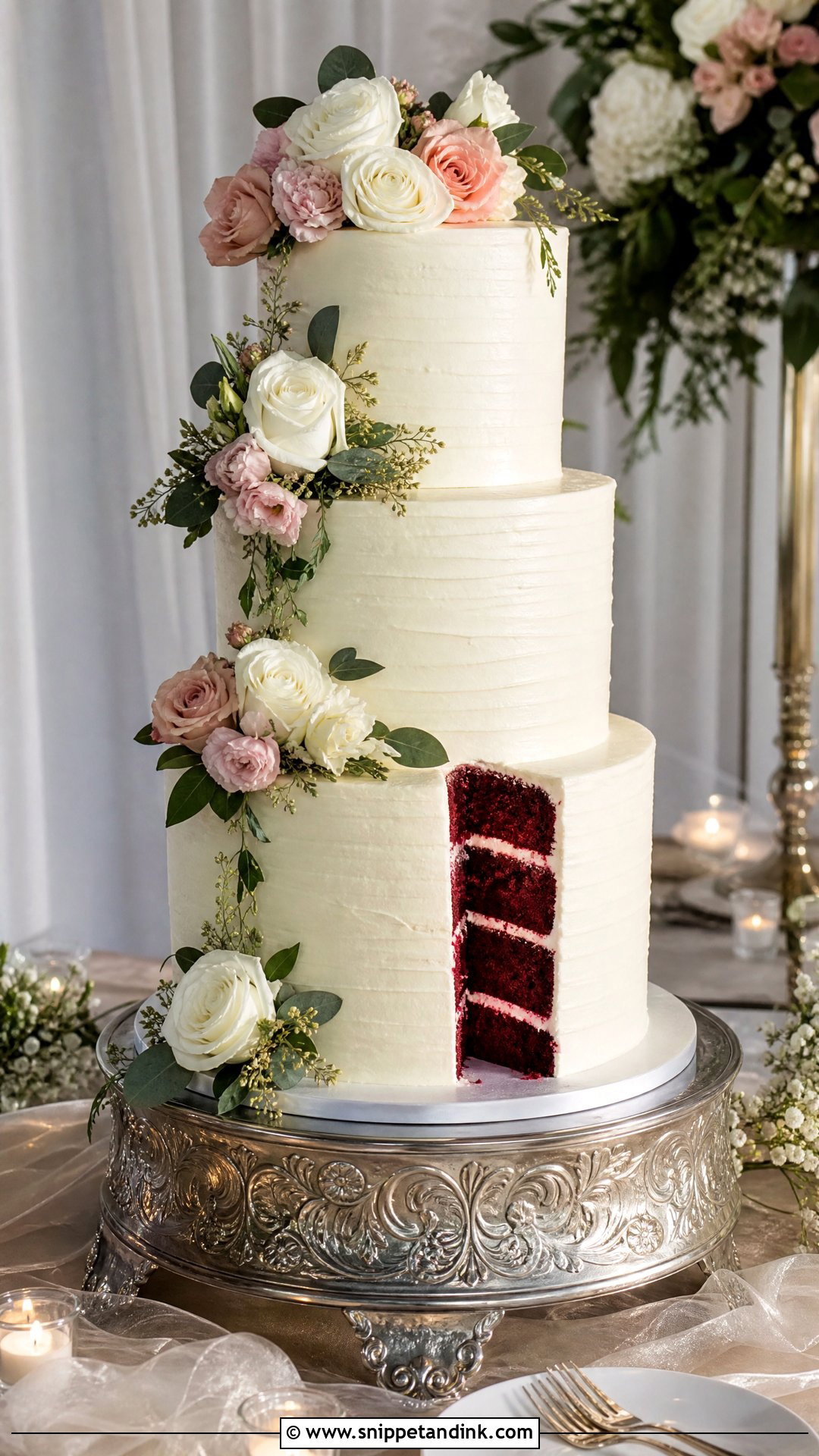 Three Tier Red Velvet Wedding Cake - Snippet and Ink - 20 Red Velvet Wedding Cake Ideas