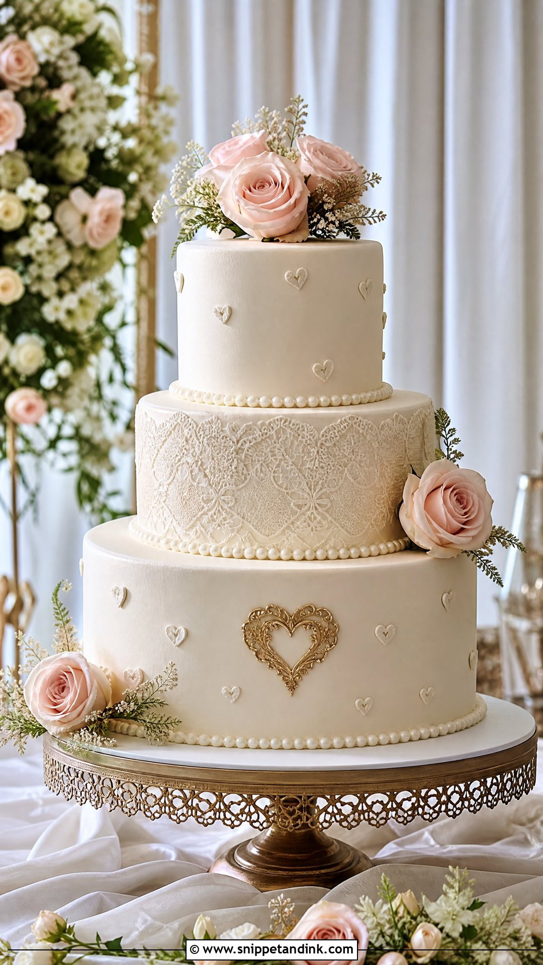 Three Tier Romantic Wedding Cake - Snippet and Ink - 25 Love Theme Cake Ideas for Wedding