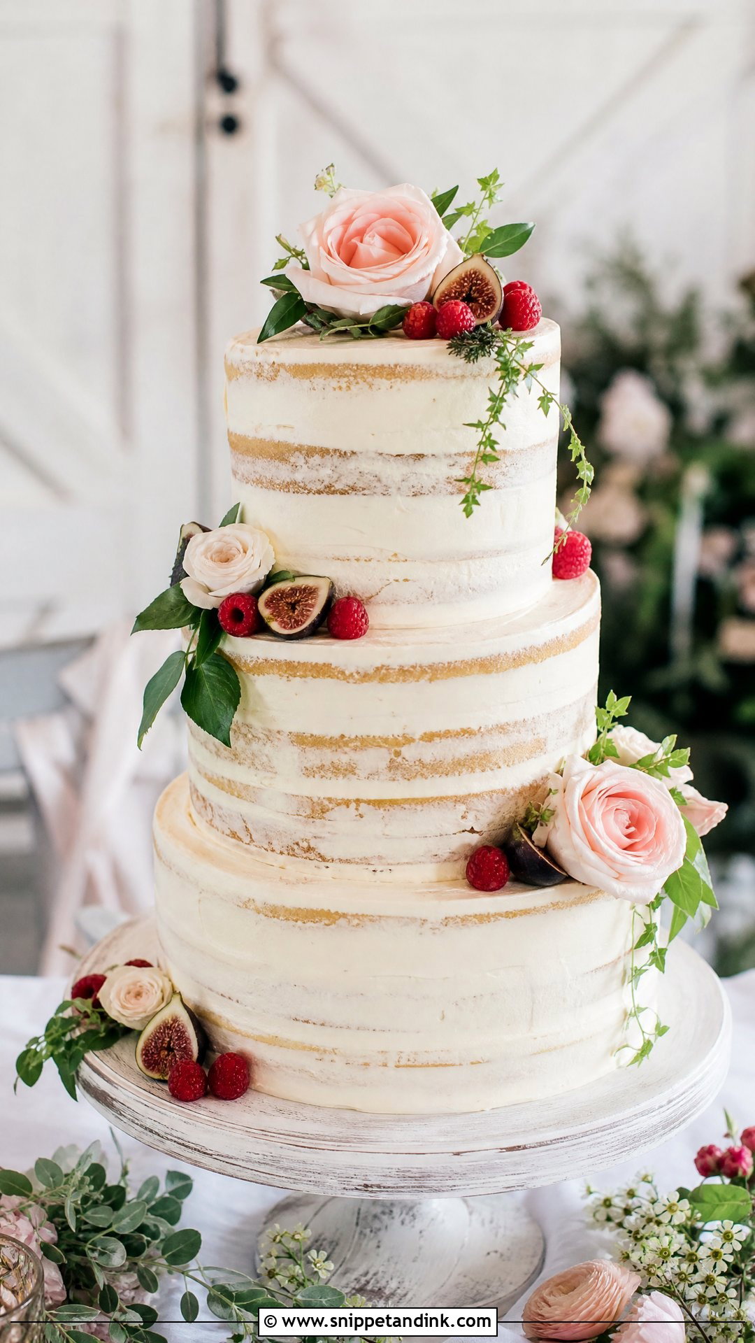 Three Tier Semi Naked Wedding Cake - Snippet and Ink - 20 Three Tier Wedding Cake Ideas