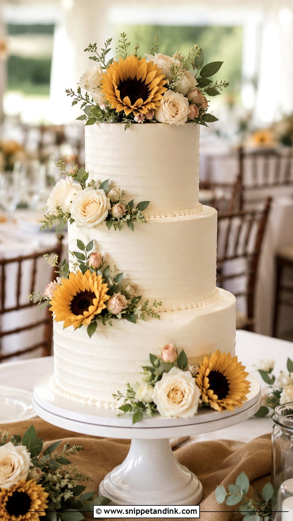 Three Tier Sunflower And Rose Wedding Cake - Snippet and Ink - 20 Sunflower and Rose Wedding Cake Ideas