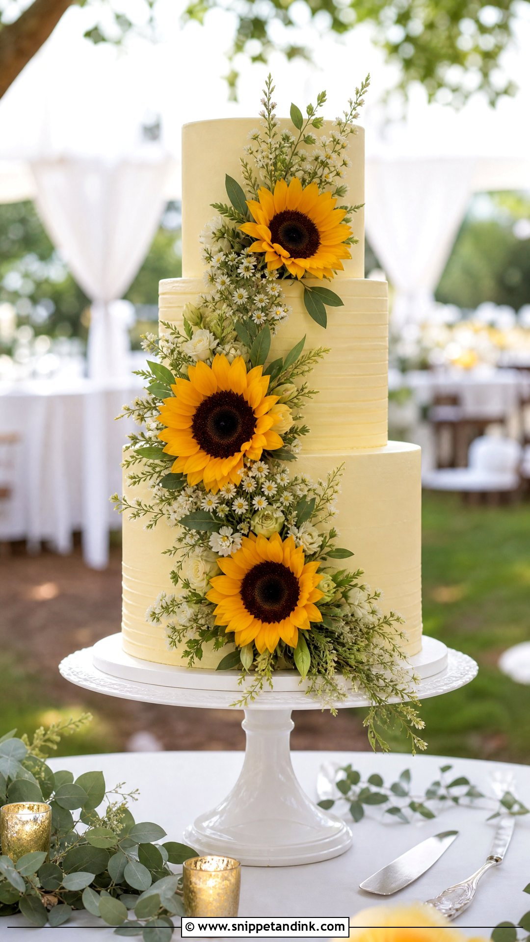 Three Tier Sunflower Wedding Cake - Snippet and Ink - 20 Sunflower Themed Cake Ideas for Wedding