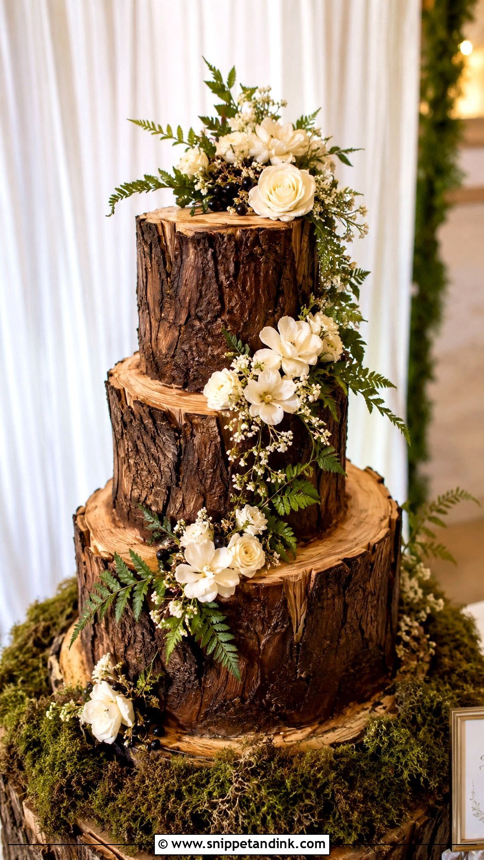 Three Tier Tree Stump Wedding Cake - Snippet and Ink - 20 Tree Stump Cake Ideas for Wedding