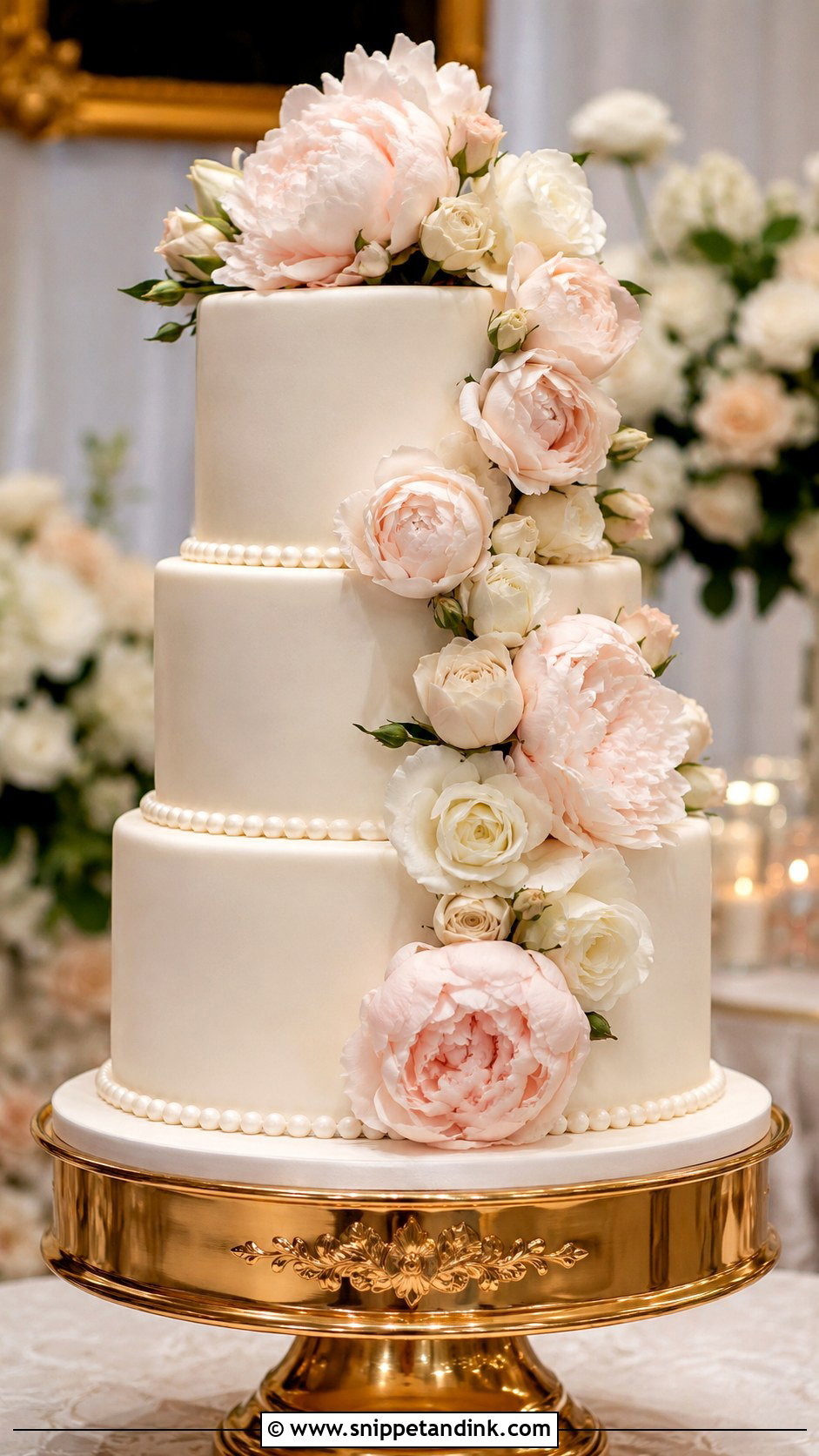 Three Tier Wedding Cake With Flowers And Pearls - Snippet and Ink - 30 Wedding Cake Ideas with Flowers and Pearls