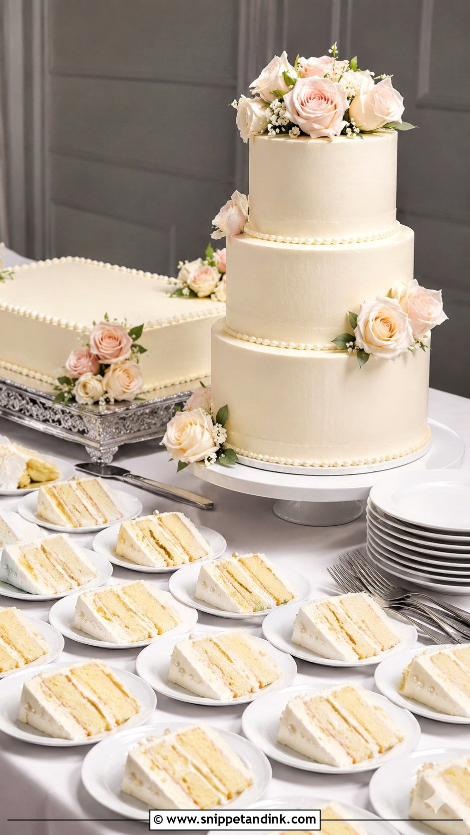 Three Tier Wedding Cake With Sheet Cake - Snippet and Ink - 20 Wedding Cake for 150 Guests
