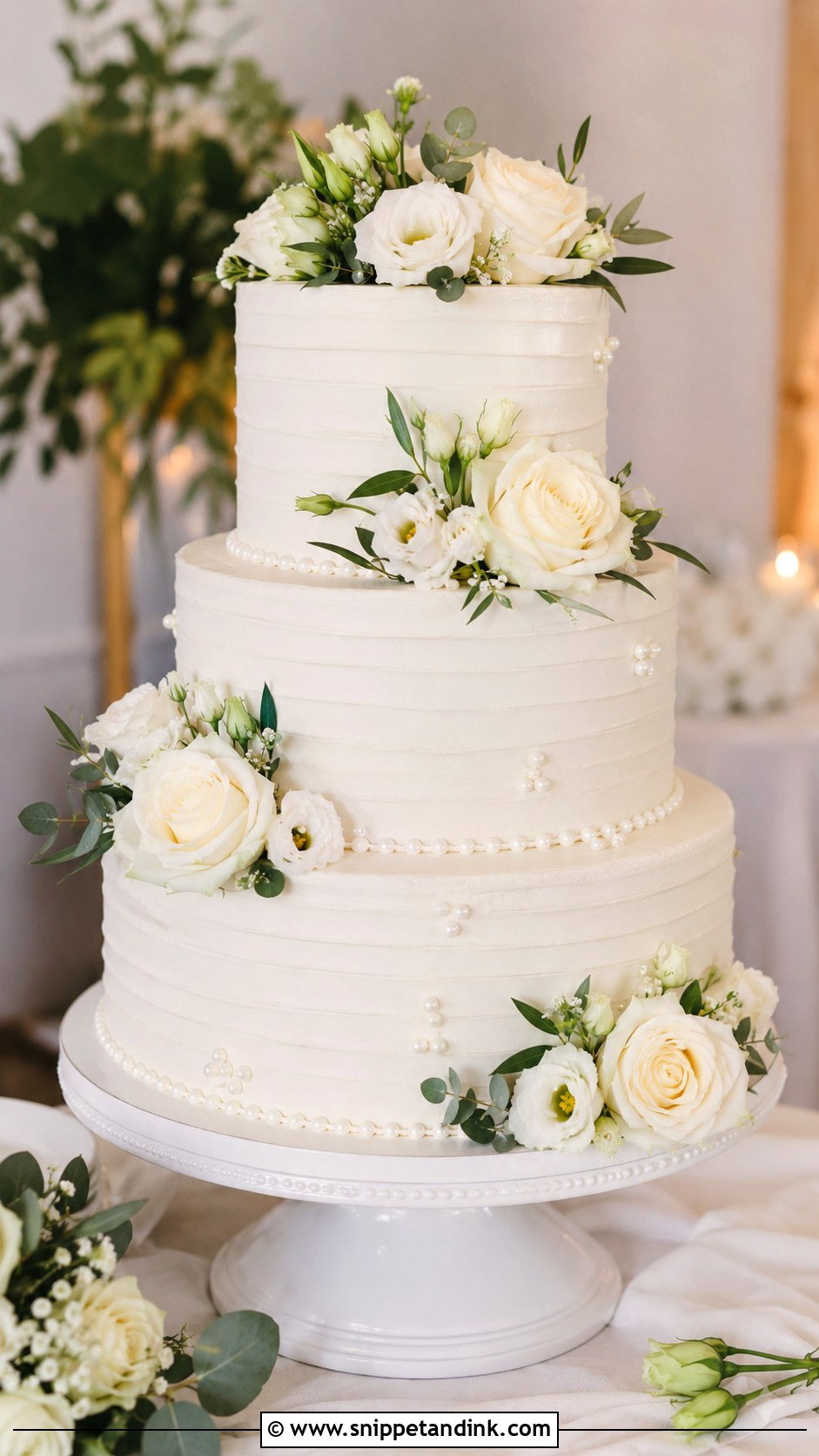 Three Tier White Floral Wedding Cake - Snippet and Ink - 20 Three Tier Floral Wedding Cake Ideas