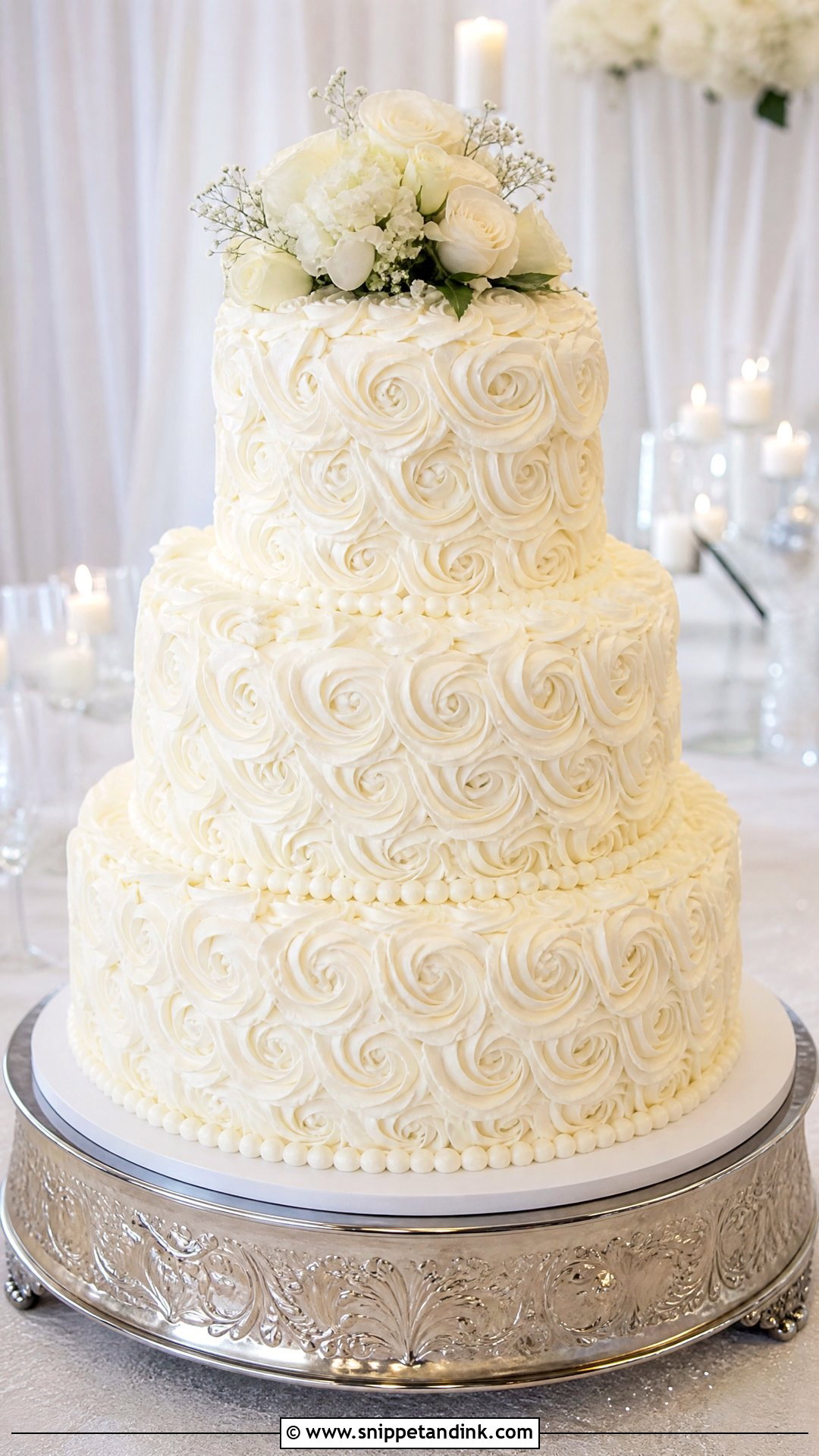Three Tier White Rosette Wedding Cake - Snippet and Ink - 20 White Rosette Cake Ideas for Wedding