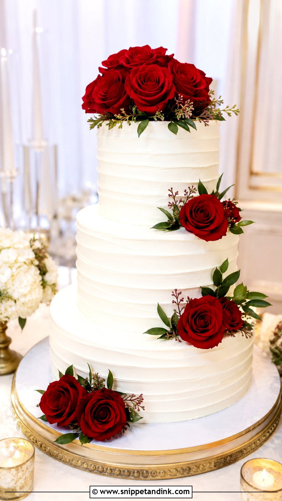 Three Tier White Wedding Cake With Red Roses - Snippet and Ink - 30 White Wedding Cake Ideas with Red Roses