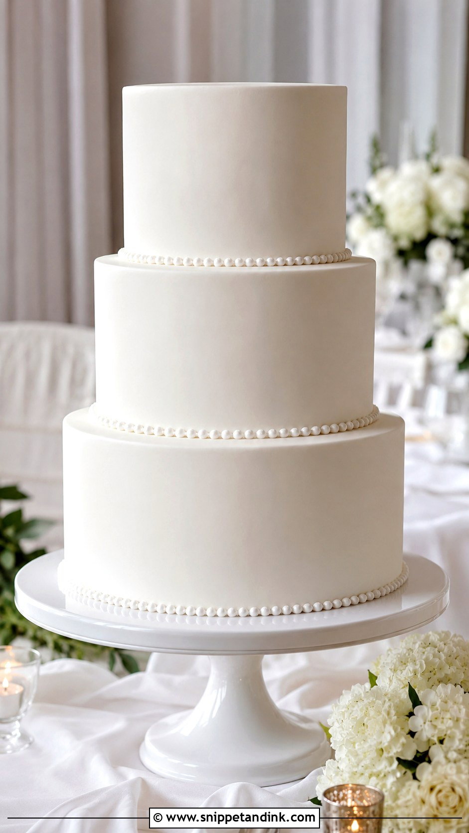 Three Tier White Wedding Cake - Snippet and Ink - 20 Minimal White Wedding Cake Ideas