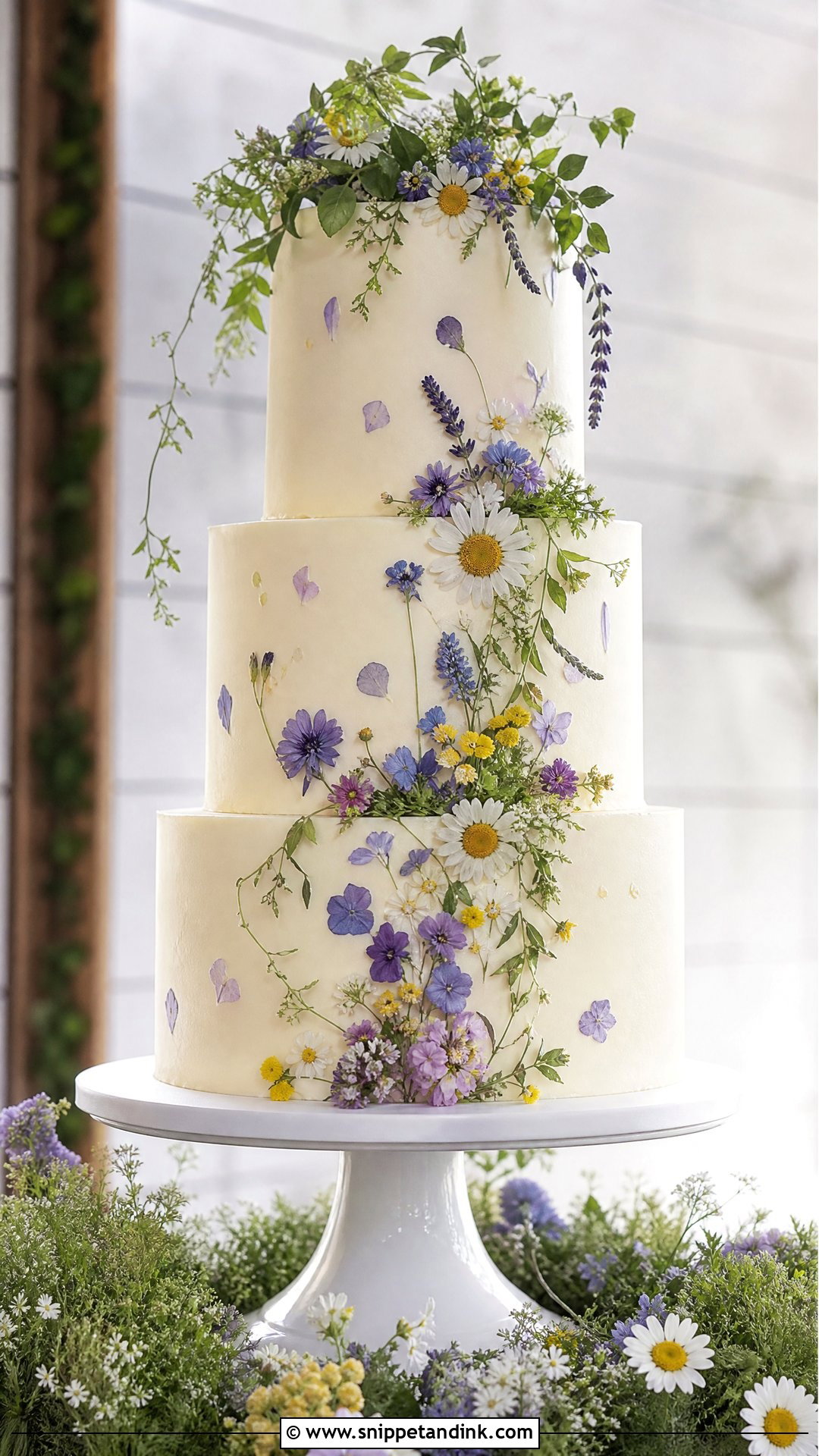 Three Tier Wildflower Wedding Cake - Snippet and Ink - 20 Wildflower Wedding Cake Ideas
