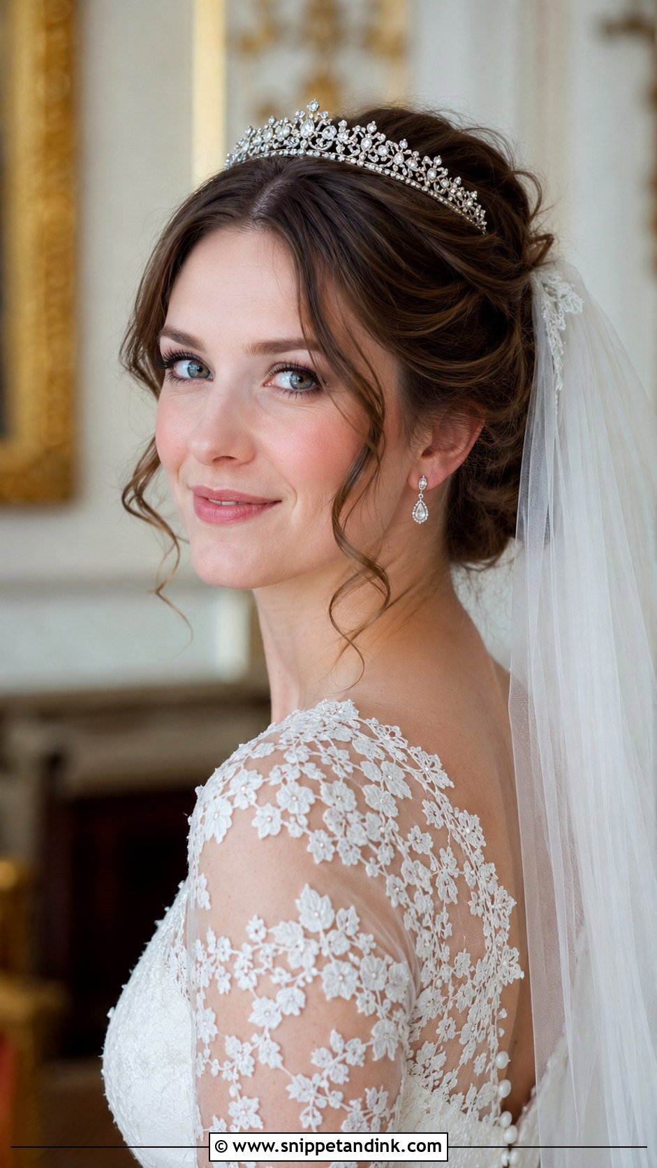 Tiara Updo with Soft Curls - Snippet and Ink - 20 Old Money Wedding Hairstyles
