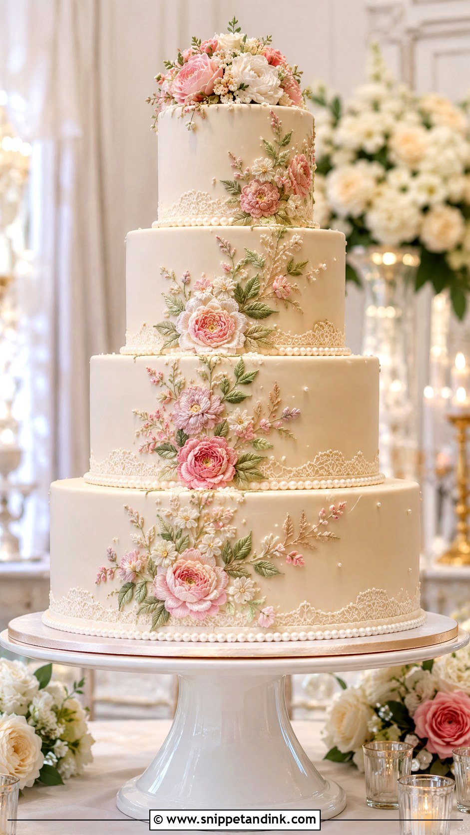 Tiered Brush Embroidery Wedding Cake - Snippet and Ink - 20 Brush Embroidery Wedding Cake Ideas