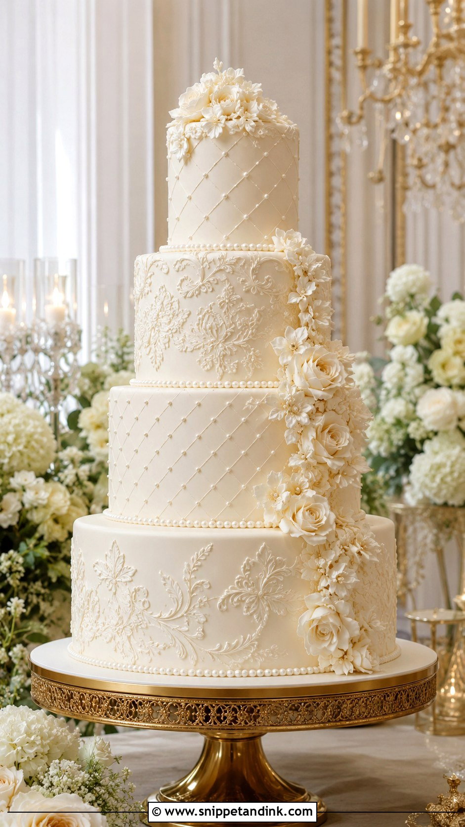 Tiered Embroidery Wedding Cake - Snippet and Ink - 20 Embroidery Cake Design Ideas for Wedding