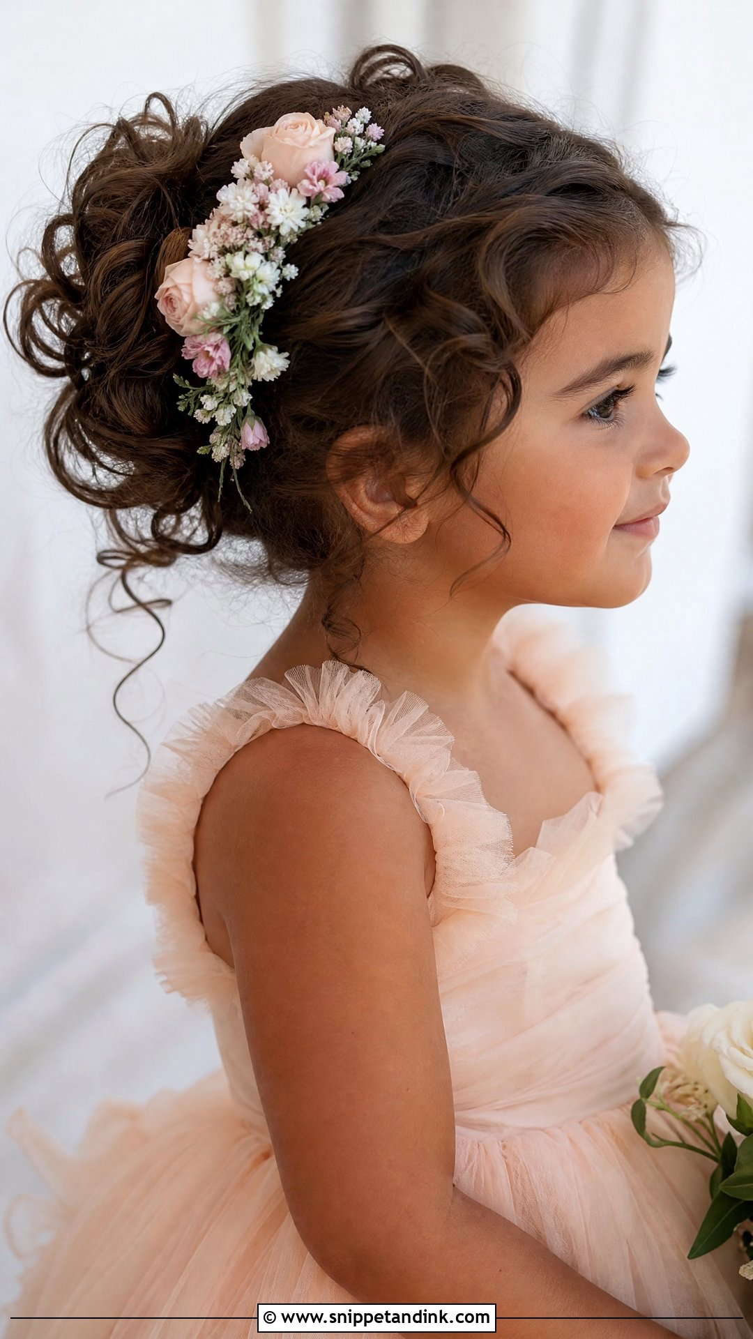 Toddler Curly Bun With Flowers Wedding Hairstyle - Snippet and Ink - 20 Toddler Updo Wedding Hairstyles