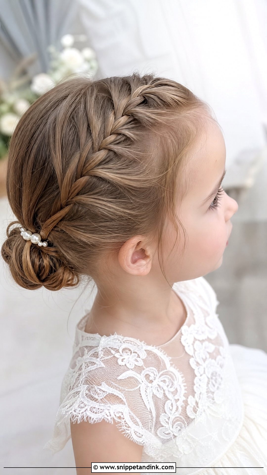 Toddler French Braid Bun Wedding Hairstyle - Snippet and Ink - 20 Toddler Updo Wedding Hairstyles