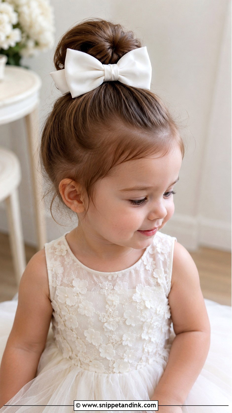 Toddler High Bun With Bow - Snippet and Ink - 15 Wedding Hairstyles for Toddler Girl