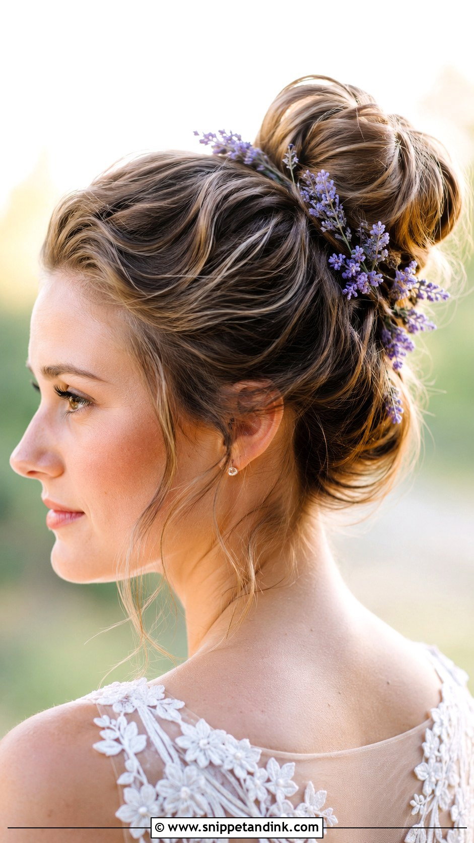 Top Bun With Lavender Sprigs - Snippet and Ink - 20 Flower Bun Hairstyle Wedding Bride Ideas