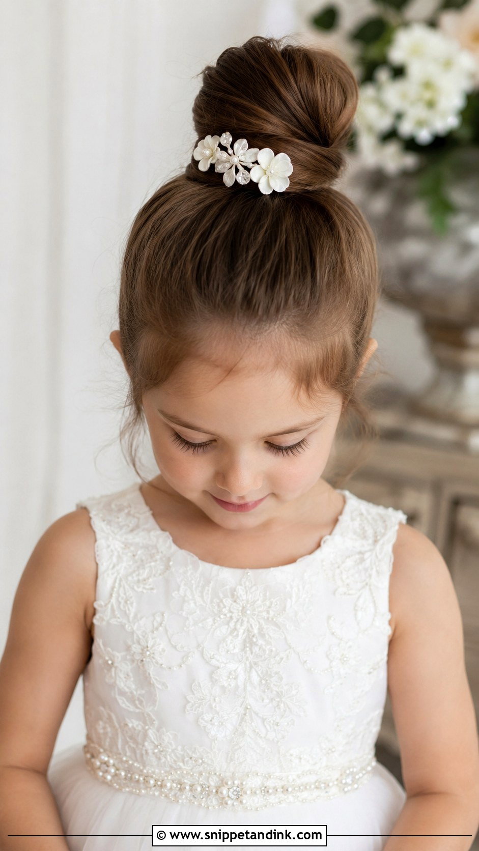 Top Knot Bun Hairstyle - Snippet and Ink - 25 Kids Girls Wedding Hairstyles