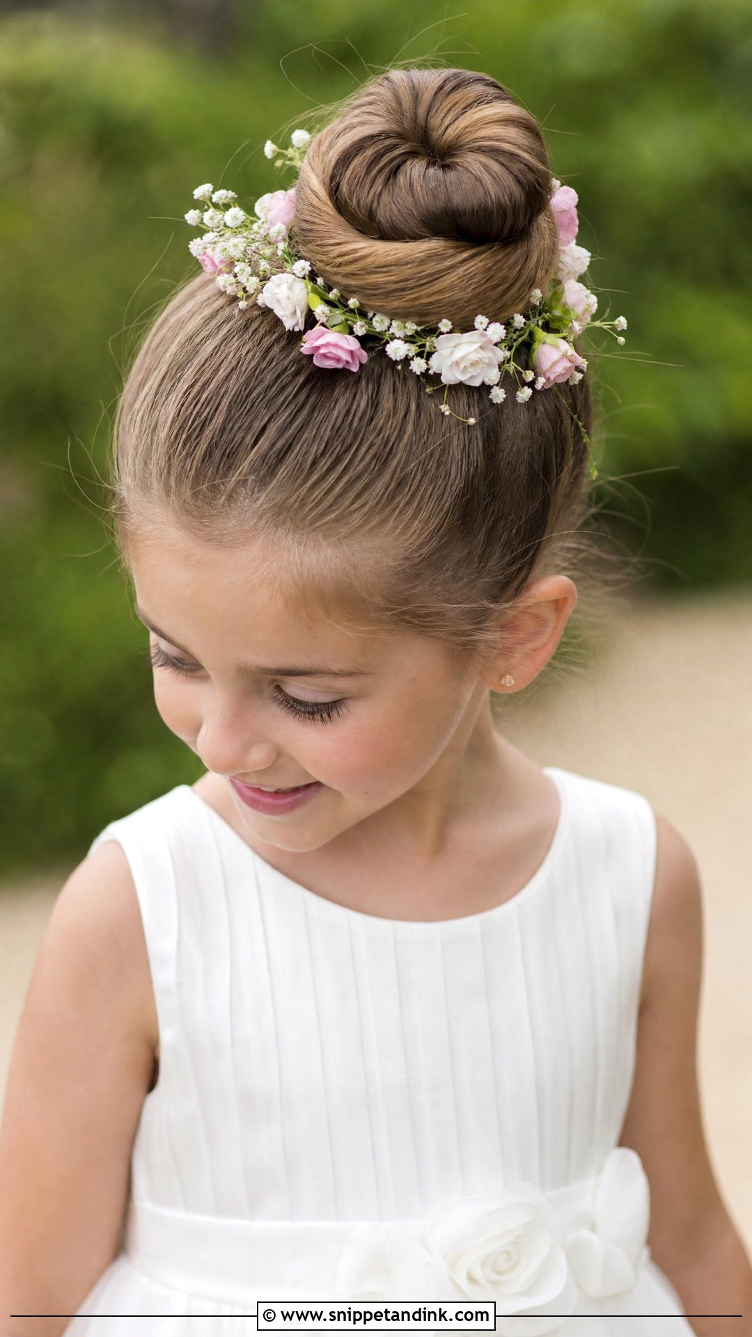 Top Knot Bun With Flowers - Snippet and Ink - 20 Kids Hair Styles for Wedding