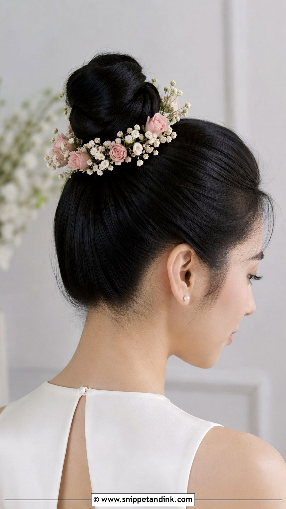 Top Knot With Delicate Blooms - Snippet and Ink - 25 Wedding Hair with Flowers