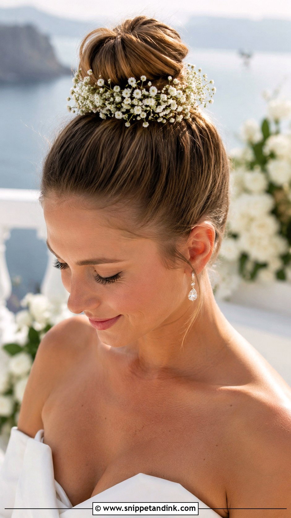 Top Knot With Delicate Flowers - Snippet and Ink - 20 Bridal Hair with Flower Crown Ideas