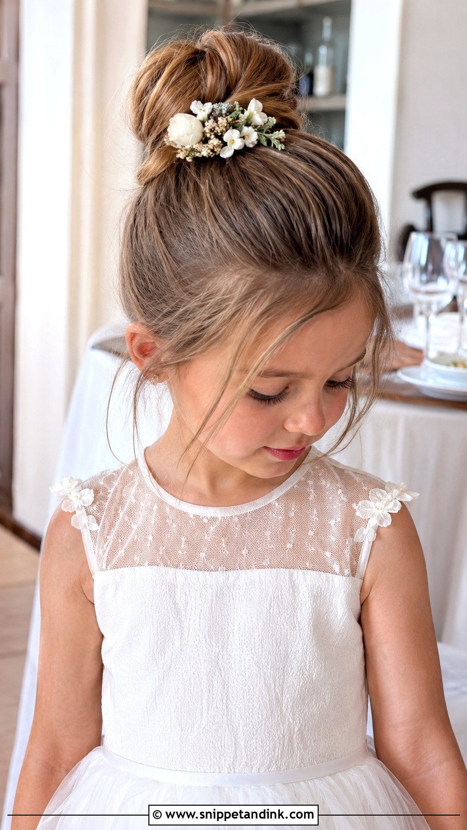 Top Knot With Floral Accent - Snippet and Ink - 25 Flowergirls Hairstyle Ideas