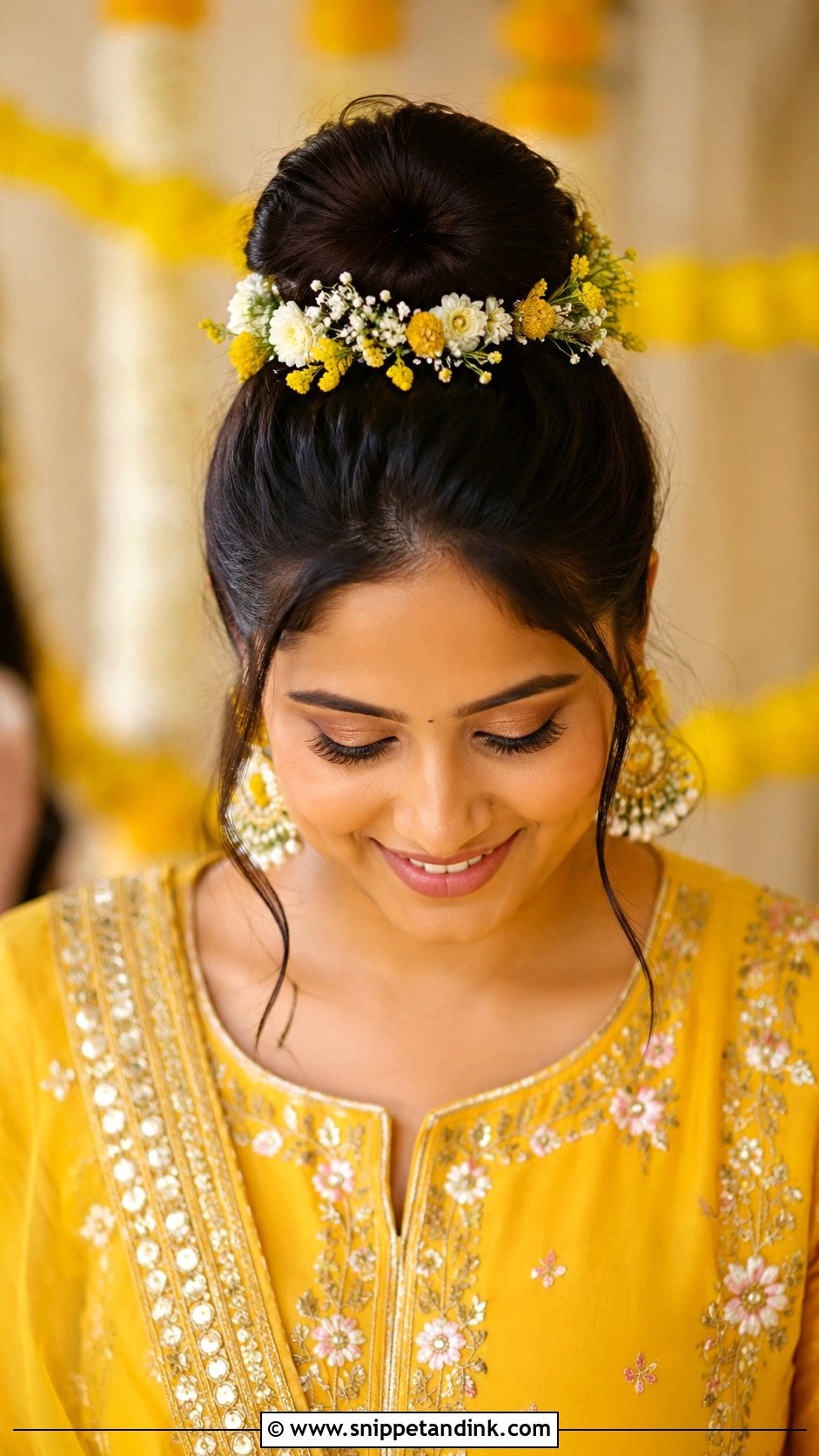 Top Knot With Floral Accents - Snippet and Ink - 25 Haldi Ceremony Hairstyle for Bride Ideas