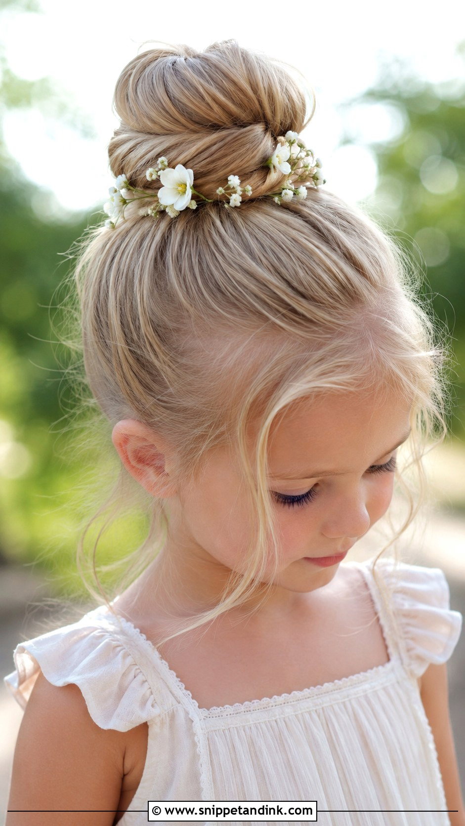 Top Knot With Floral Pins - Snippet and Ink - 30 Kids Wedding Hair Ideas