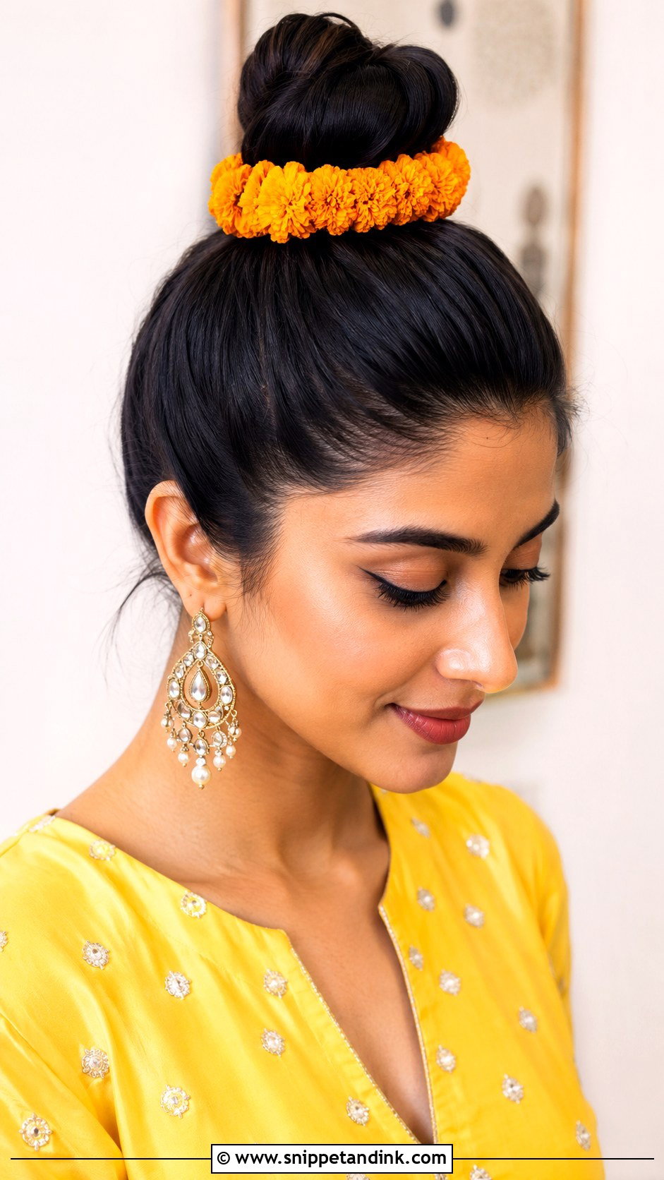 Top Knot With Marigold - Snippet and Ink - 25 Hairstyles for Haldi Ceremony