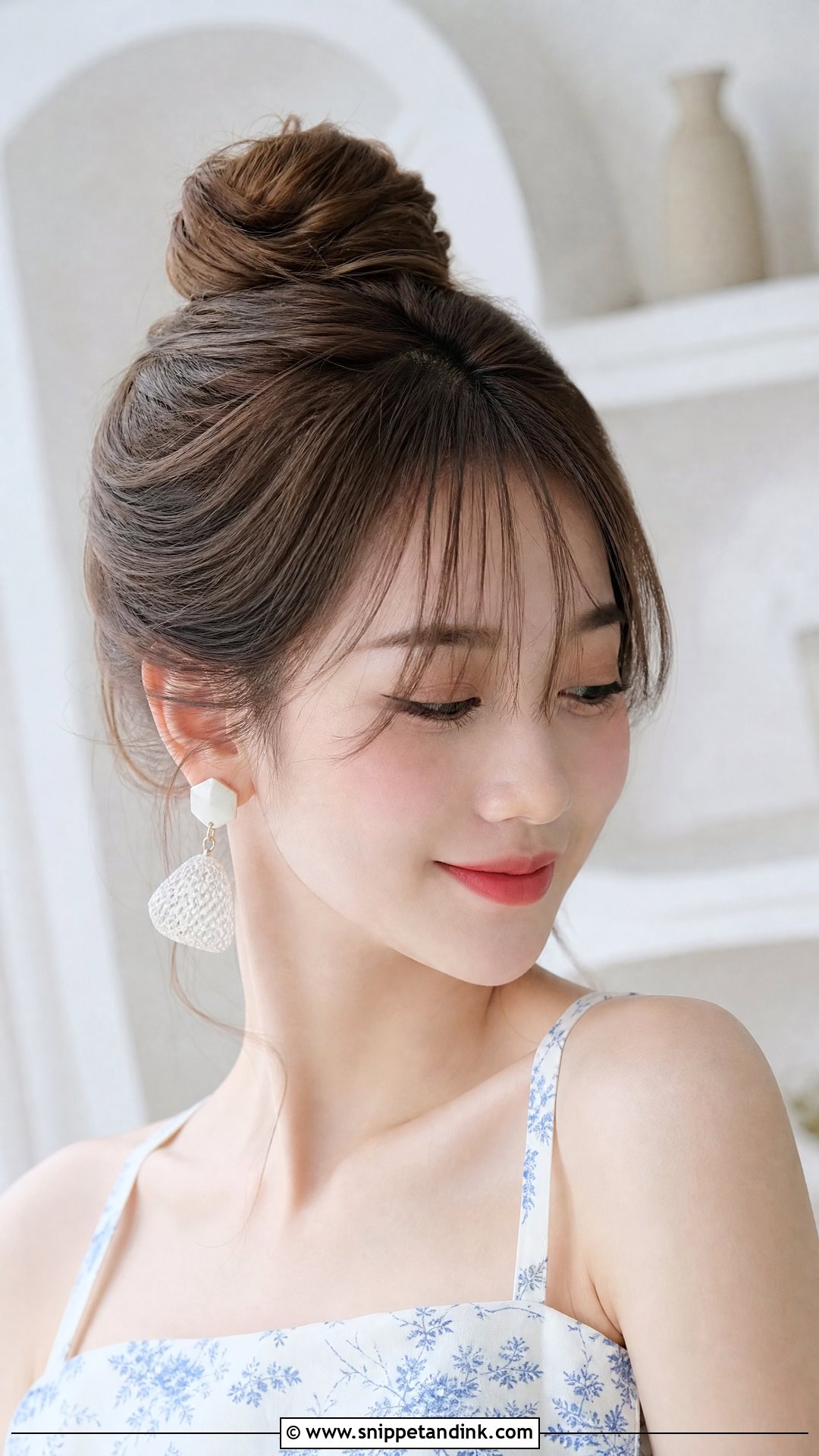 Top Knot With Wispy Bangs - Snippet and Ink - 20 Wedding Guest Hair with Bangs Ideas