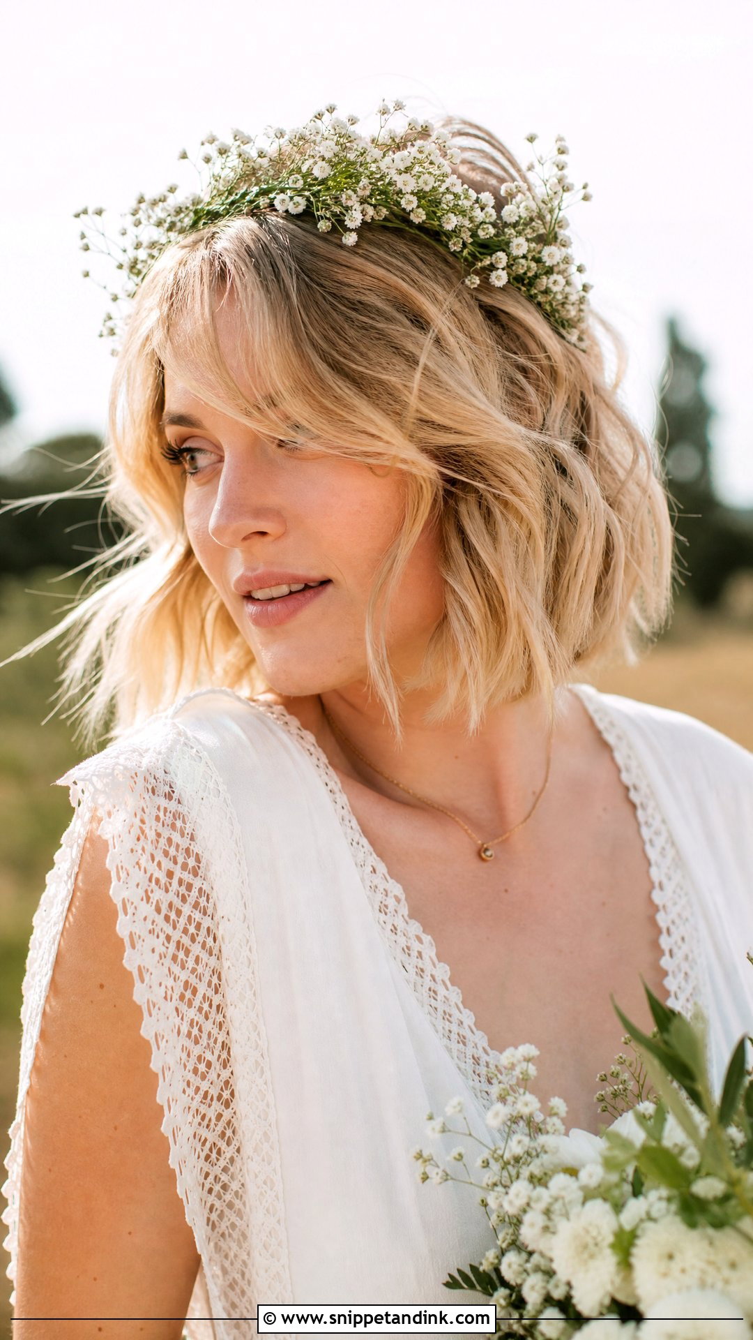 Tousled Blonde Bob With a Floral Crown - Snippet and Ink - 20 Short Blonde Wedding Hair Ideas