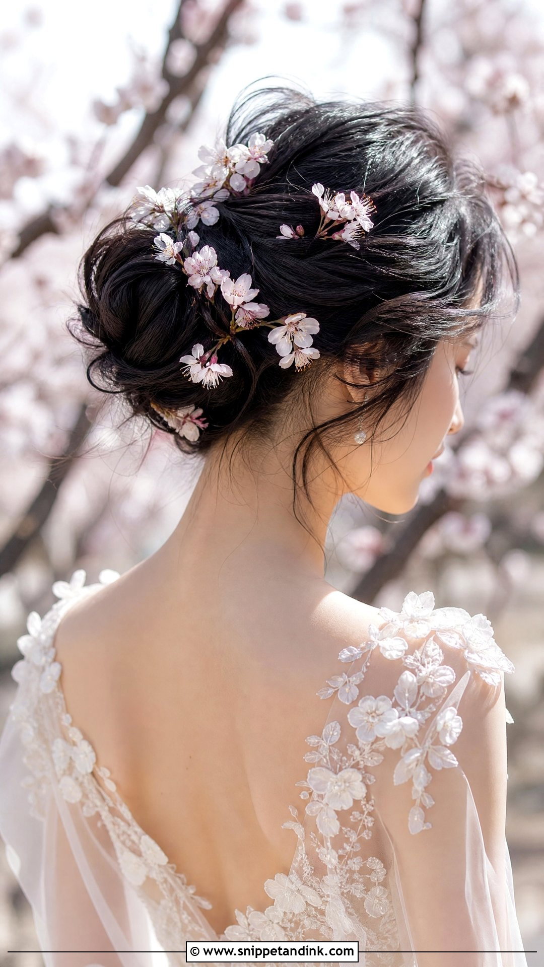 Tousled Bun With Cherry Blossoms - Snippet and Ink - 20 Bridal Hairstyles with Flowers