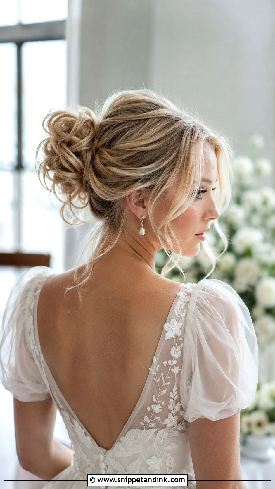 Tousled Bun With Tendrils - Snippet and Ink - 20 Bridal Messy Bun Hairstyles