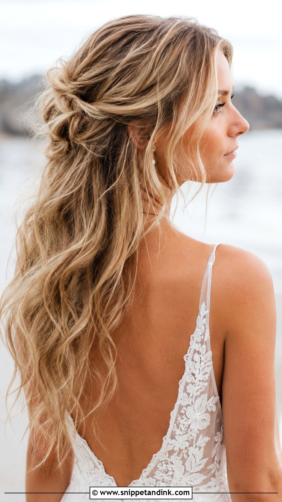 Tousled Half Up With Beach Waves - Snippet and Ink - 25 Medium Length Half-Up Half-Down Wedding Hair Ideas